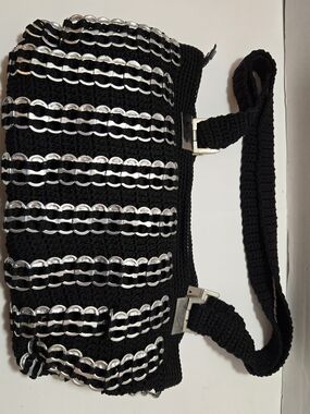 Black Crochet Shoulder Bag with Aluminum Soda Tab Detail Deco